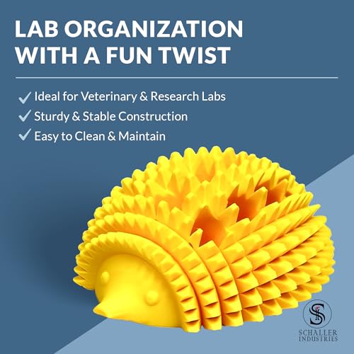 Image of S I Schaller Industries Hedgehog Test Tube Holder, 13mm - Veterinary Blood Test Tube Rack, Holds 12 Vials, Compact Fun Design Organizer for Veterinary and Research Lab Use - Yellow