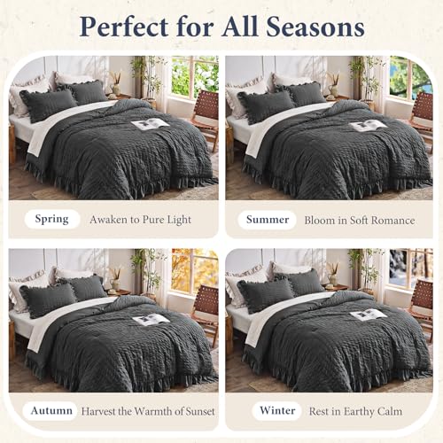 Image of JOLLYVOGUE Oversized King Comforter Set, 3 Pieces Black Seersucker Comforters, Lightweight & Fluffy Bedding Sets for All Season with 1 Ruffle Comforter and 2 Ruffle Pillowshams