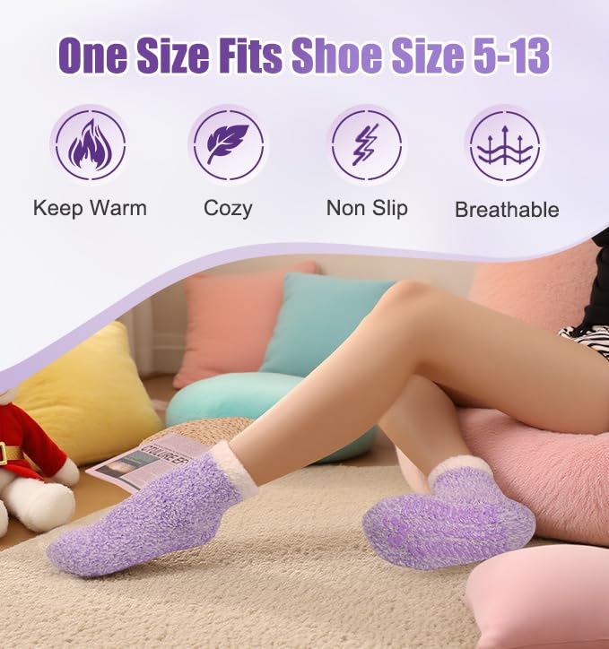 Fuzzy Socks for Women with Grippers - Slipper Socks Grippy, Cozy Non-Slip Socks for Women, Warm Winter Comfy Fluffy Sleep House Sock s 4 Pairs4