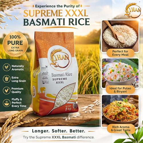 Image of Lihan Supreme XXXL Basmati Rice, 1kg - Premium Aged Long Grain, Extra Long, Fluffy & Aromatic | Ideal for Biryani, Pulao & Daily Meals 1kg (Pack of 1)