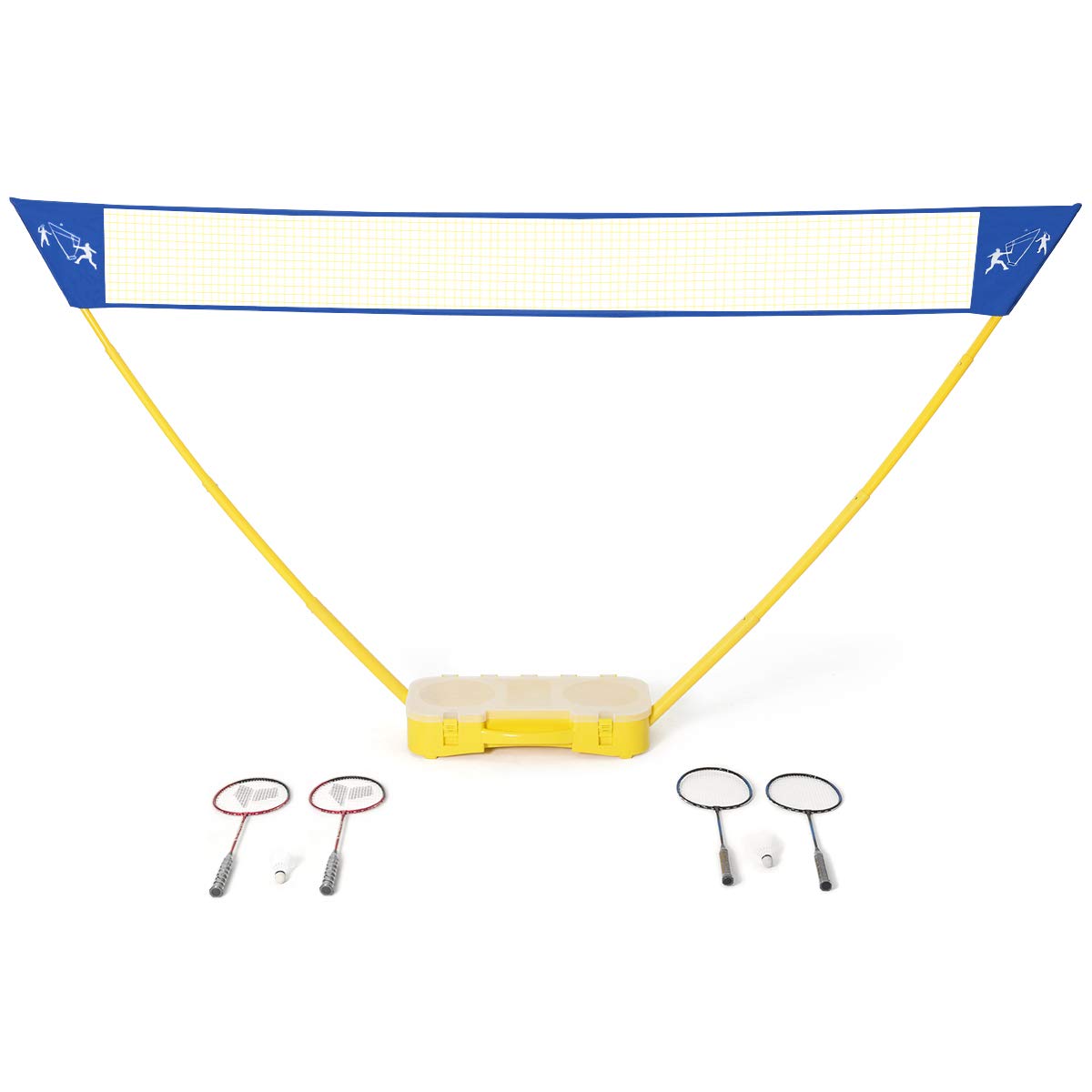 COSTWAY Filet de Badminton Portable 3M x 1,5 M avec Base de Rangement et Sac de Transport Set de Badminton 4 Raquettes, 2 Volants Installation Rapide pour Jeu de Plage,de Jardin