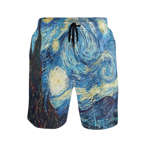 JHKKU Starry Night Oil Painting Swim Trunks for Men Quick Dry Board Shorts Swimsuit Swimwear Holiday Party Bathing Suit with Mesh Lining XXL