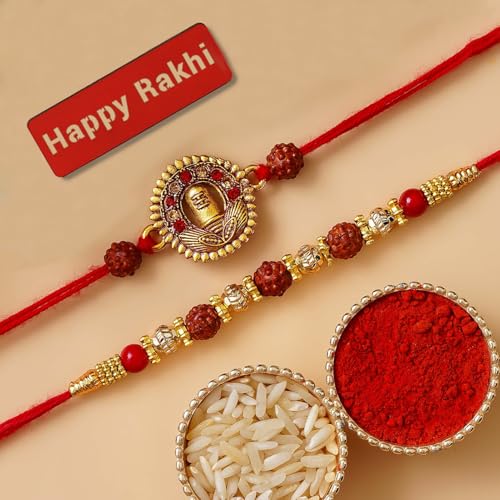 Image of eCraftIndia Set of 2 Shivalinga Rudraksha Religious Rakhis for Brothers with Best Bro Ever Fridge Magnet and Roli Chawal Pack