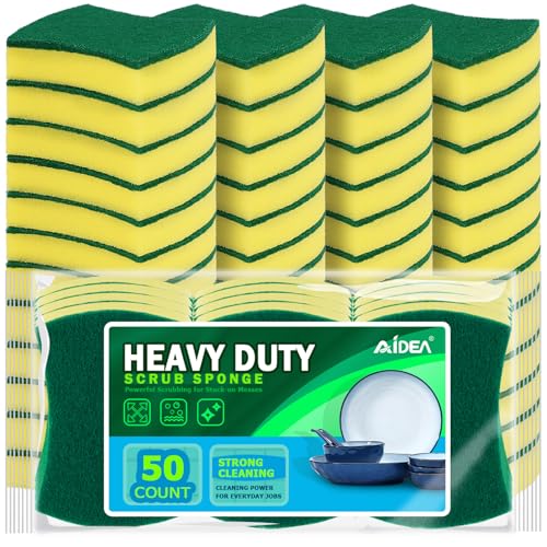 Image of AIDEA Sponges Kitchen, 50 Pack Heavy Duty Dish Sponge, Cleaning Dish Scrubber Sponge for Home and Kitchen, Stink-Free Cleaning Supplies for Pots, Pans
