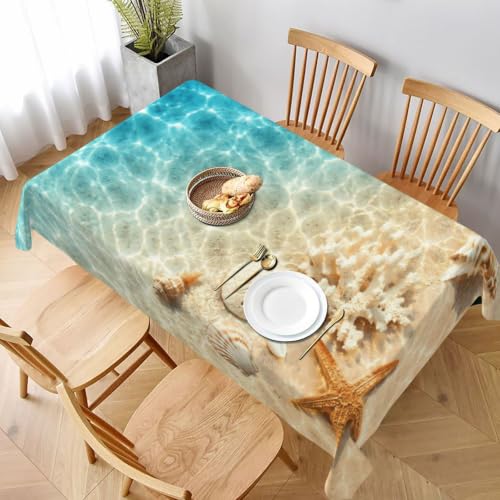mutakin Beach Coral Seashell Tablecloth Summer Table Cloth Washable Rectangle Table Cover for Decoration Kitchen Dining Room 60x90 Inch