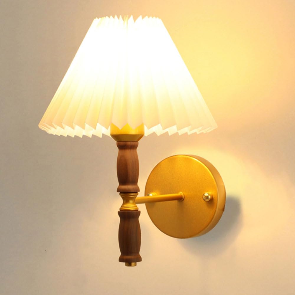 ICEMOB Retro plisowana tkanina, kinkiet LED, korpus orzecha włoskiego z mosiężną głowicą lampy, lampa nocna do sypialni w stylu kremowym