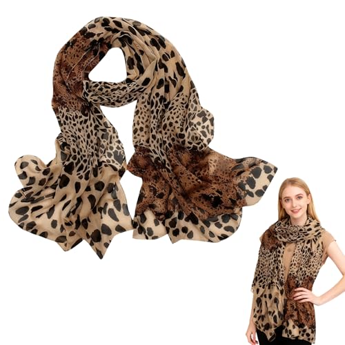 Image of Jokureao Leopard Print Chiffon Scarf for Women, Soft Lightweight Animal Print Scarves, Luxury Neck Shawl Fashion Accessories, for All Seasons, Elegant Scarves for Women’s Casual & Party Wear