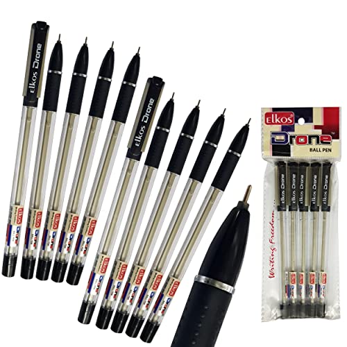 ELKOS BLACK Ballpoint Pens, 0.7mm Fine Point, Pack of 10, Drone Smooth Ball Pens, Soft Comfort Grip, School Office Home Use, ZOFAX Black Ball Pen