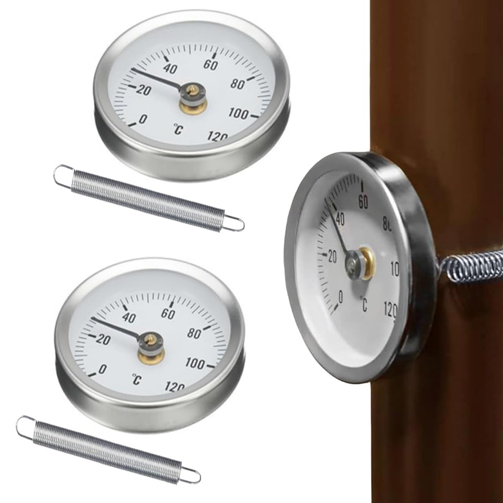 2 Pièces Thermomètre Industriel pour Tuyauterie,Température Bimétallique Étanche à la Poussière de 63 mm,Thermomètre 0-120° avec Ressort, Thermomètre à Ressort Surface de Tuyau