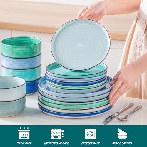 Image of vancasso Bonita Dinnerware Sets 18 Pieces, Blue Stoneware Dishes Set for 6, Plates Set and Bowls Sets, Dishwasher and Microwave Safe