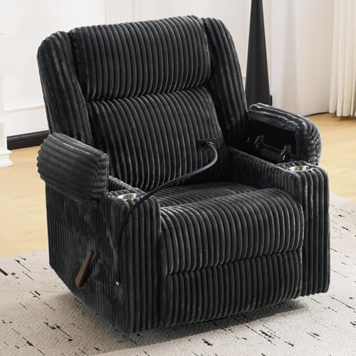 Image of Oversized Manual Recliner Chair with Arm Storage,Swivel Rocker Recliner Chair for Adults with Adjustable Headrest,Nursery Glider Recliner with Phone Stand and Side Pockets for Living Room,Dark Grey