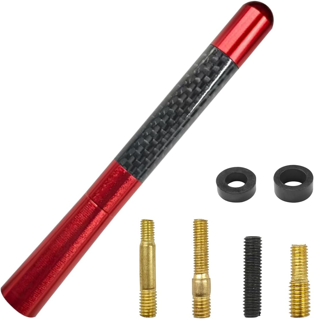 Tuxihapp Carbon Fiber Short Car Antenna 4.72" Aluminum Alloy Universal Replacement w/ Screws & Gaskets - Red Radio Reception Booster