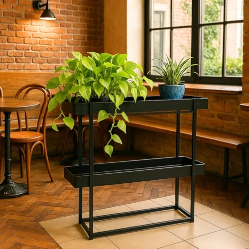 Image of ecofynd Ewan Plant Stands for Outdoor Balcony, Flower Pot Stand for Indoor Plants, Metal Planter Stand for Living Room, home decor, Indoor & Outdoor plants, 2 Tier, (PS046-BLK)