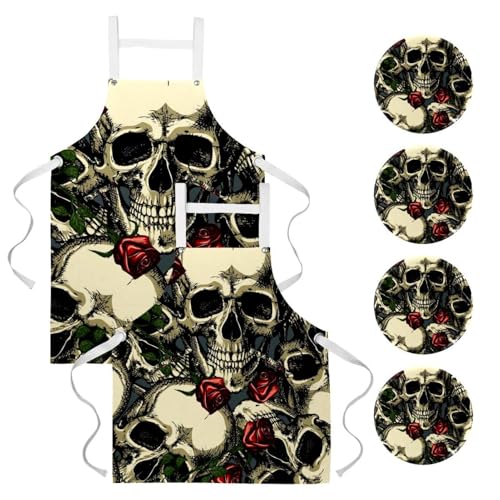 Lot de 2 tabliers de cuisine à motif crâne et rose pour passionnés de pâtisserie