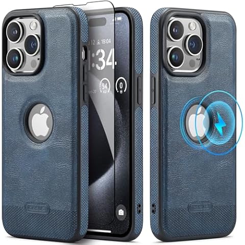 Casus Designed for iPhone 15 Pro Case Compatible with MagSafe Leather Slim Logo View Luxury Elegant Thin Cover with Tempered Glass Screen Protector (2023) 6.1" - Blue Cover