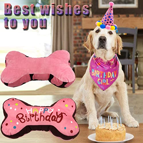 Dog Birthday Cake Squeaky Toys Plush Chew Dog Toy Bandana Hat For Medium Large Dogs Aggressive Chewers, Soft Cotton Filled Squeaky Chew Play Pet Gift Birthday Supplies Cute Bone Shape Toys 3Pack #TOP1