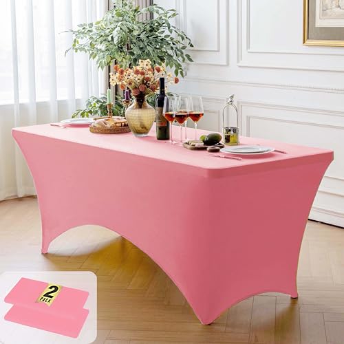 Image of FOLINS&HOME 2 Pack Pink 6ft Fitted Spandex Water Resistant Tablecloth | Washable Elastic Rectangle Table Cover for 6 Foot Folding Tables, Stretch Table Cloth for Weddings, Banquets, Parties (2 Pcs)