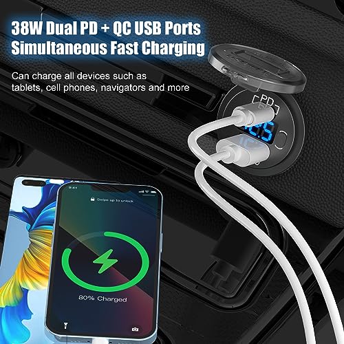 12V USB C Car Charger Socket, 38W 12V USB Cigarette Lighter Replacement with PD 3.0 and QC 3.0 Car USB Port, Waterproof 12 Volt USB Outlet with Power Switch Voltmeter for Car Marine Truck RV