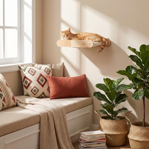 HOOBRO Wooden Cat Hammock with Soft Fabric Cat Shelves & Furniture Wall Mounted Cat Beds and Perches for Lounging Playing Sleeping Holds up to 40 lb Easy to Install Natural NL03CS03N2