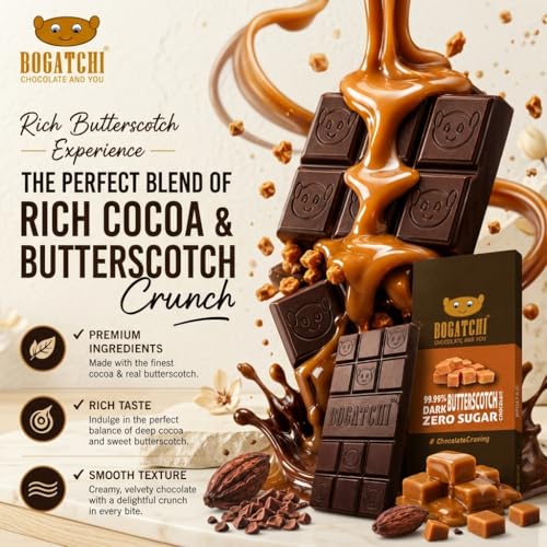 Image of BOGATCHI 99% Dark Chocolate Butterscotch 60g | Zero Sugar Premium Dark Chocolate Bar | Intense Cocoa Richness with Crunchy Butterscotch Flavour | Vegetarian Chocolate