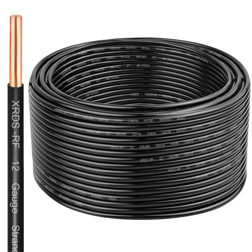 Image of THHN Wire 100 FT, Single Bare Copper Conductor, 12AWG Black Electrical Wire, Solid Building Wire 600V Nylon Sheath Cable for Indoor /Outdoor Applications