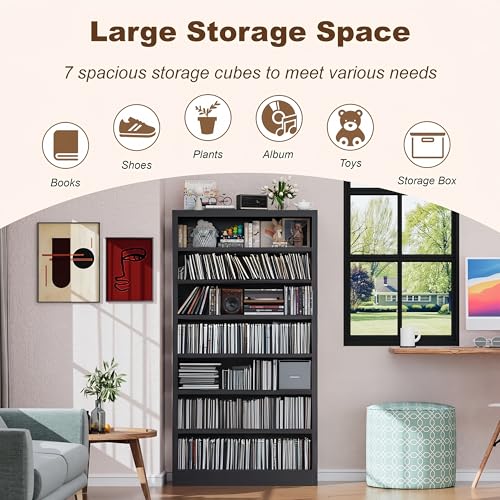Image of 55 inch Media Storage Cabinet, Metal CD Storage Rack with 6 Adjustable Shelves, Large DVD Storage Shelf Rack for Living Room, Home Entertainment (Black)
