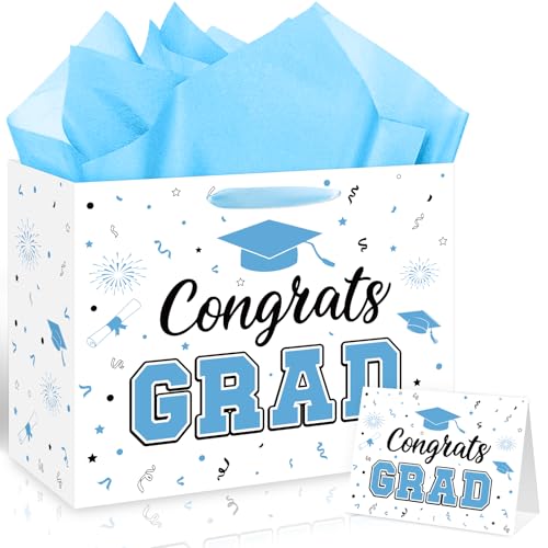 Innovoscape Graduation Gift Bag 2026 Large Light Blue Congrats Grad Gift Bag with Tissue Paper and Greeting Card Class of 2026 Favor Bag for 2026 Graduation Party Supplies College High School