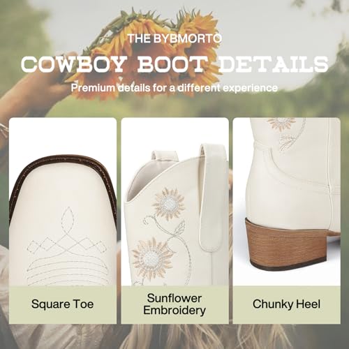 Image of Cowboy Boots for Women - Mid Calf Western Sunflower Cowgirl Boots with Floral Embroidery, Square Toe Stitched Pull On Retro Design, Perfect for Country Idyll, Concerts and More