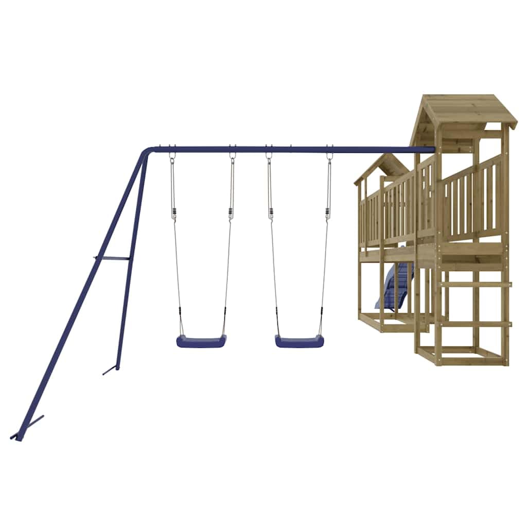 Spielturm aus imprägniertem Kiefernholz mit Rutsche, Doppelschaukel, Sandkasten, Nestschaukel, Klettergerüst, wetterfest, robust für Kinder Garten Spielhaus draußen