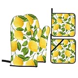Yellow Lemon Oven Mitts and Pot Holders Set of 4, Oven Mittens and Potholders Heat Resistant Gloves