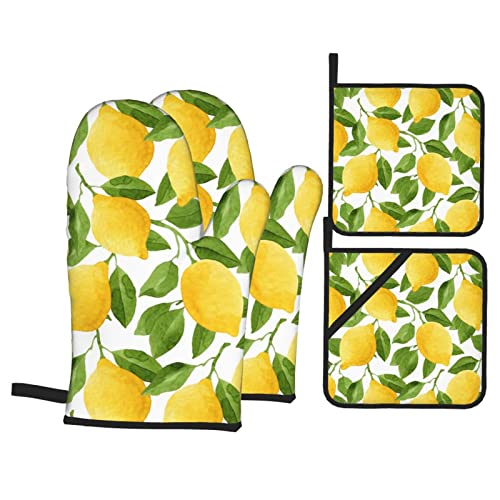 Yellow Lemon Oven Mitts And Pot Holders Set Of 4, Oven Mittens And Potholders Heat Resistant Gloves For Kitchen Cooking Baking Grilling Bbq #TOP19