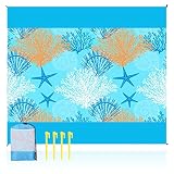 Gukasxi Stranddecke Strandmatte, Extra große Picknickdecke Picknickmatte 210 x 200cm wasserdichte Sand Proof Picknickdecke mit 4 Zipper Taschen für Strand, Camping, Wandern, Picknick (Blau-Algen)