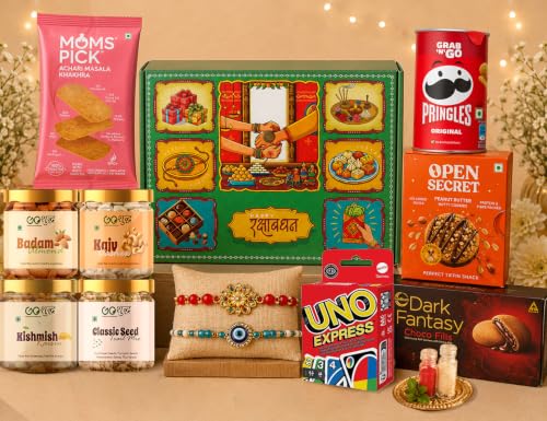 Image of Goshudh 11 Item Rakhi Gift Hamper for Brother & Sister | Almonds, Cashews, Classic Seed Trail Mix, Raisins, Pringles, UNO Cards, Open Secret Peanut Butter Cookies, Dark Fantasy, Mom's Pick Khakhra, Set of 2 Rakhi with Roli Chawal | Raksha Bandhan Gift Box