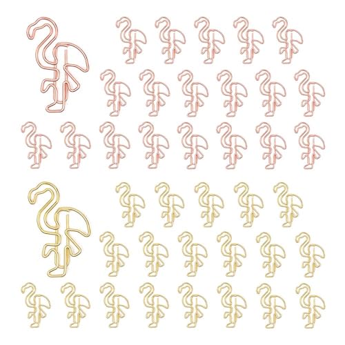 OWLFAVO 40pcs Flamingo Shape Paper Clips with Clear Box, Rose Gold and Yellow Gold, Funny Cute Paperclips Bookmarks Planner Clips for Fun Office Supplies School Gifts Wedding Decoration