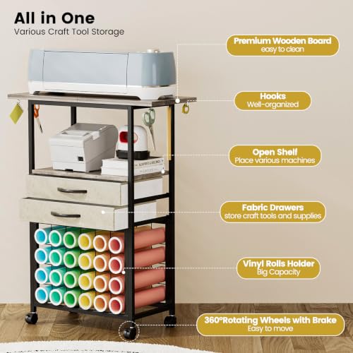 Image of VENNQD Organizer and Storage Stand Compatible with Cricut Machines,Rolling Storage Cart /Shelf with 24 Vinyl Roll Holders,2 Fabric Drawer,Accessories Holder,Tool Hook for Craft Room Home (Greige)
