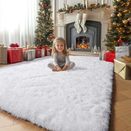 White Area Rugs for Bedroom Living Room, Fluffy Shag Rug 5x7 for Kids Room Decor, Modern Furry Plush Rugs for Baby Nursery, Teen Girls Boys, Cute Fuzzy White Fur Carpet for Dorm, Home Office, Playroom