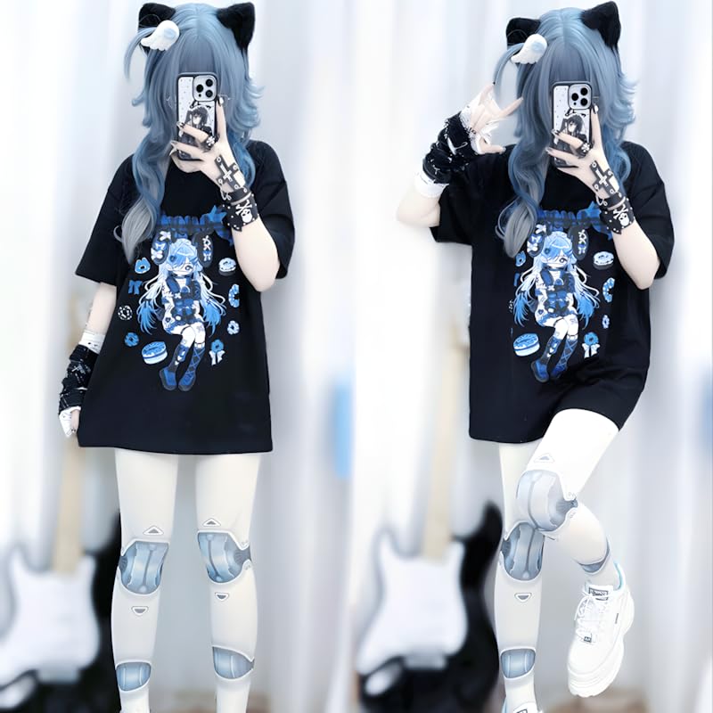 Image of Harajuku Kawaii Crewneck Cartoon Anime Doughnut Girl Print T-Shirt | Cutecore, Vintage Casual Style, Streetwear, Athleisure, Cotton Materials, Loose Fit, Short Sleeve, For Women Daily Wear