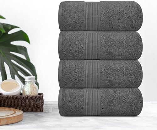 White Classic Resort Collection Soft Bath Towels | 28x55 Luxury Hotel Plush & Absorbent Cotton Bath Towel Large [4 Pack, Smoke Grey] - Thumbnail 2