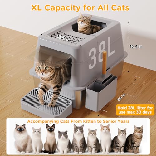 Stainless Steel Litter Box with Lid, XL Closed Metal Kitty Litter Box with Flip Lid for Big Cats, Extra Large Covered High Sided Cat Box, Scoop, Non-Sticky, Easy Cleaning, Grey by Mutrelenx - Image 3