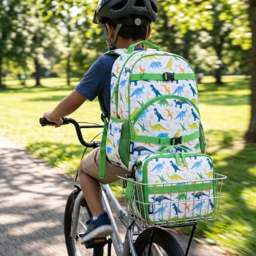 Image of Wildkin Dinosaur Adventures ECO Lunch Box | 11 x 9.5 x 3.5 in insulated rPET lunch box with bottle pocket, interior mesh pocket and removable shoulder strap.