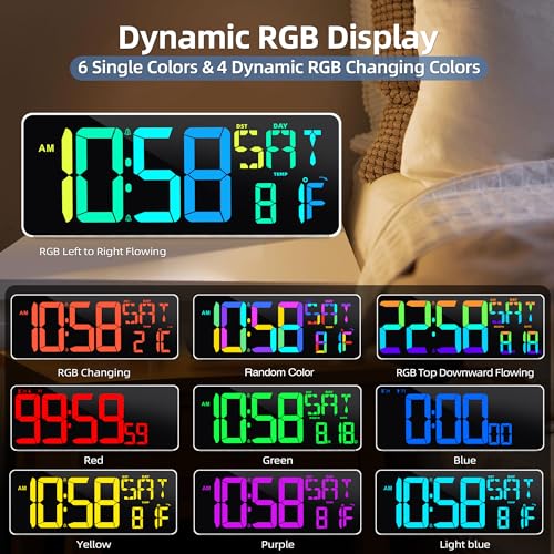 Image of Large Digital Wall Clock Timer 13.5 inch Large Display Available In 11 Color Modes LED Wall Clock with Temperature Day of the Week Clock Auto-Dimming for Home Gym Office 2 Groups Alarm 25 Music Ringtones
