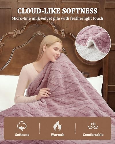CAROMIO Electric Blanket Queen Size Dual Control - Thick Tufted Sherpa Heated Blanket Queen with 10 Heat Levels and 10 Time Settings, ETL Certified Fast Heating Blanket Queen Size 84"×90", Dusty Pink