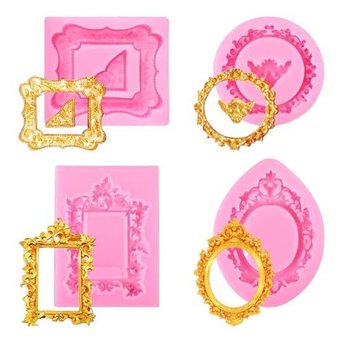 Vdaxvme Juego de 4 moldes de silicona reutilizables para fondant, marco de fotos, decoración para tartas, fabricación de dulces, manualidades, moldes reutilizables para hacer azúcar