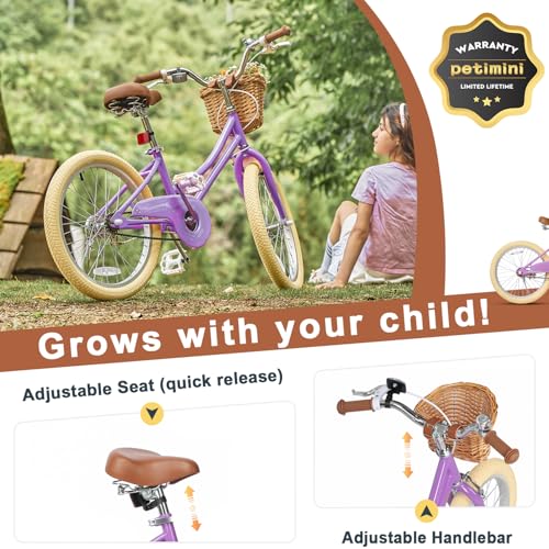 Image of Petimini Vintage Kids Bike for Girls, 12-20 Inch Classic Bicycle with Wicker Basket & Bell, High Tensile Steel Frame, Training Wheels (12-18 inch), 85% Pre-Assembled, Retro Bike for Outdoor Riding