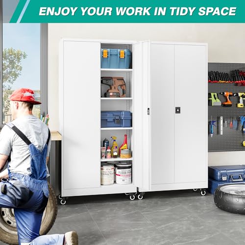Image of SISESOL 75 inch Tall Metal Storage Cabinet with Wheels,Rolling Garage Storage Cabinet with Lock,White Metal Cabinets with Wheels and Shelves,Tool Cabinets on Roller for Garage,Home,Office,Shop