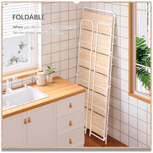 Image of 4NM No Assembly Folding Bookshelf, 6 Tiers Collapsible Book Shelves Open Industrial Foldable Storage Bookcase Shelf for Bedroom, Living Room, Home Office - Natural and White