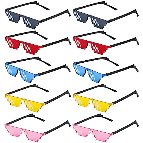 KIMOBER 10 Pack Sunglasses,5 Colors 8 Bits Pixelated Mosaic Gamer Glasses for Photo Props Party Favors