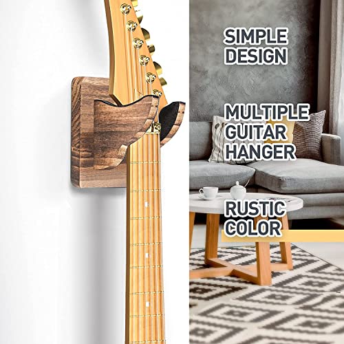Image of Wooden Guitar Wall Mount Hanger - Wall Mounted Guitar Holder with Soft Padded Hooks - Wooden Guitar Stand for Acoustic, Electric, Bass & Ukulele - Space Saving Guitar Wall Hanger Rack