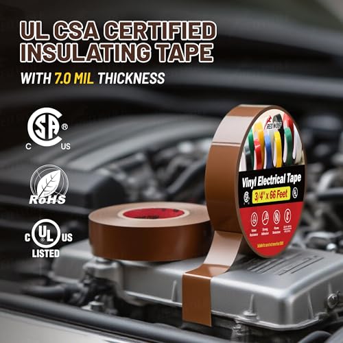 Image of RED WOLF 10 Pack Brown Electrical Tape 3 /4 Inch x 66 Ft Industrial Grade UL /CSA Listed 7 Mil Thick Flame Retardant High Temp Waterproof Electrical PVC Tape Electric Super Vinyl Rated 600V