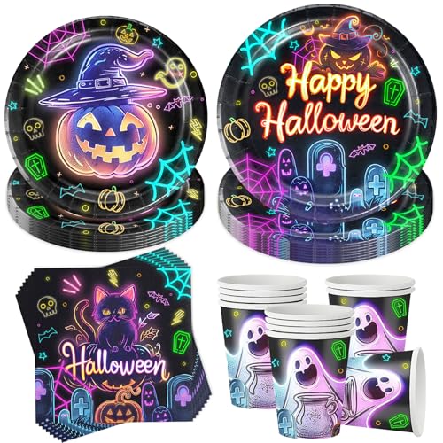Sunshine smile 50 Stück Halloween Partygeschirr Set,Halloween Neon...